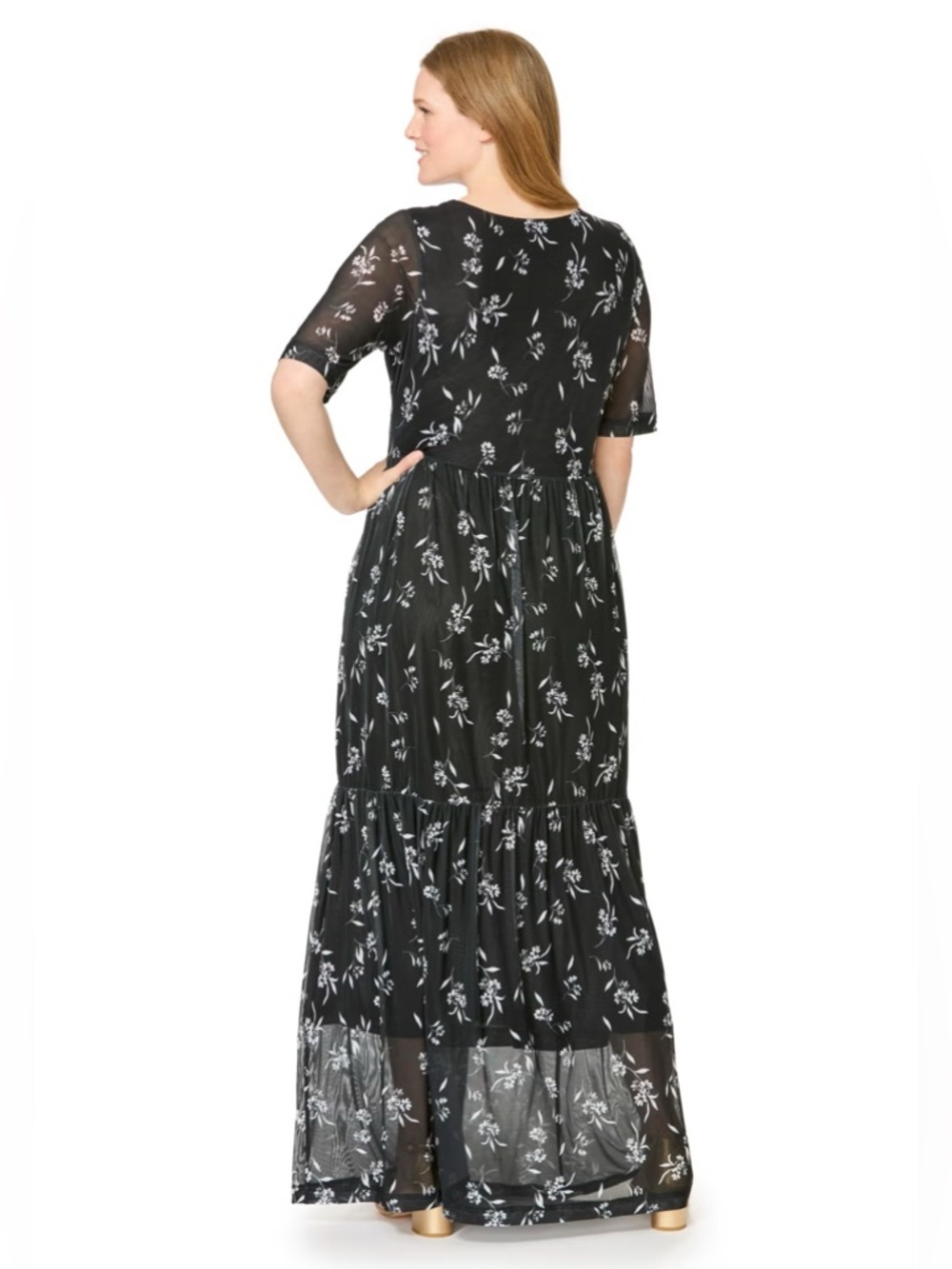 Black Floral Maxi Dress 22/24 1X Mesh Short Sleeve Scoop Neck NWT Woman Within - Picture 2 of 4